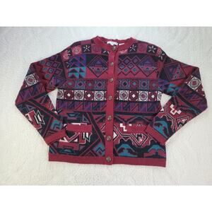 Jos. A. Bank Womens Wool Sweater Cardigan Sz M Southwestern Red Warm Daek